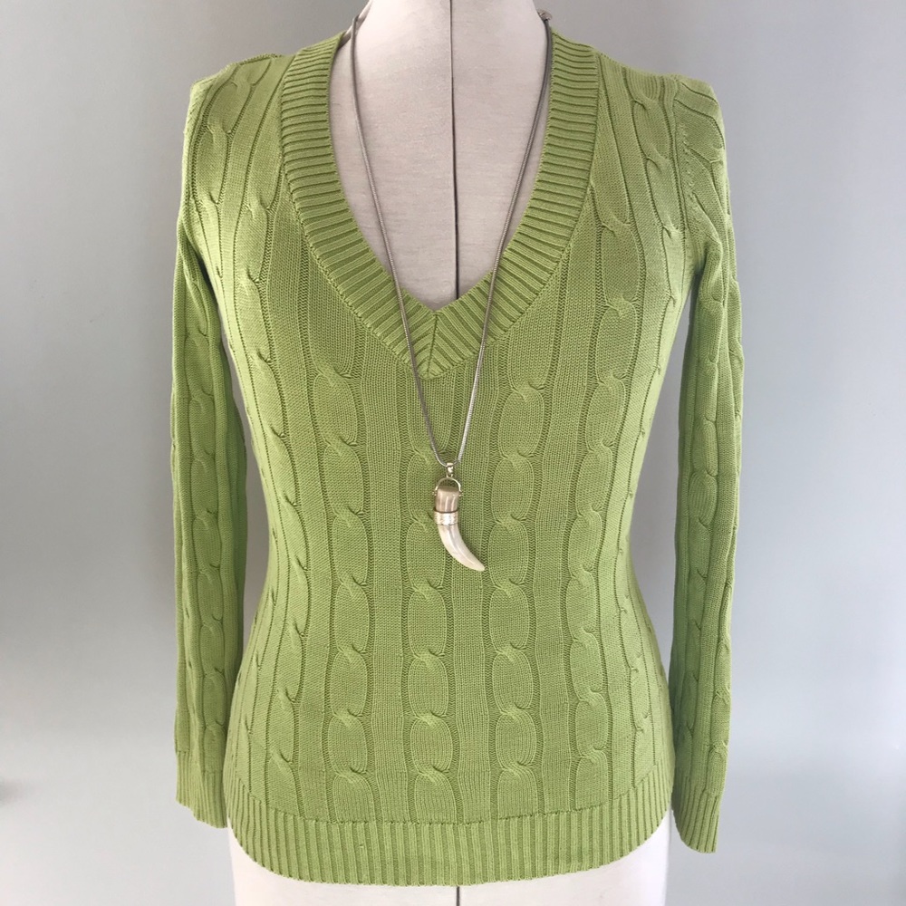 Lime green cable knit v neck sweater Size S